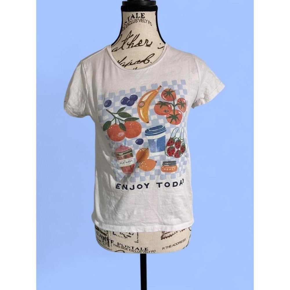 Old Navy Girls White Enjoy Today Fruit Graphic T-Shirt Baby Tee Kids XL 14-16